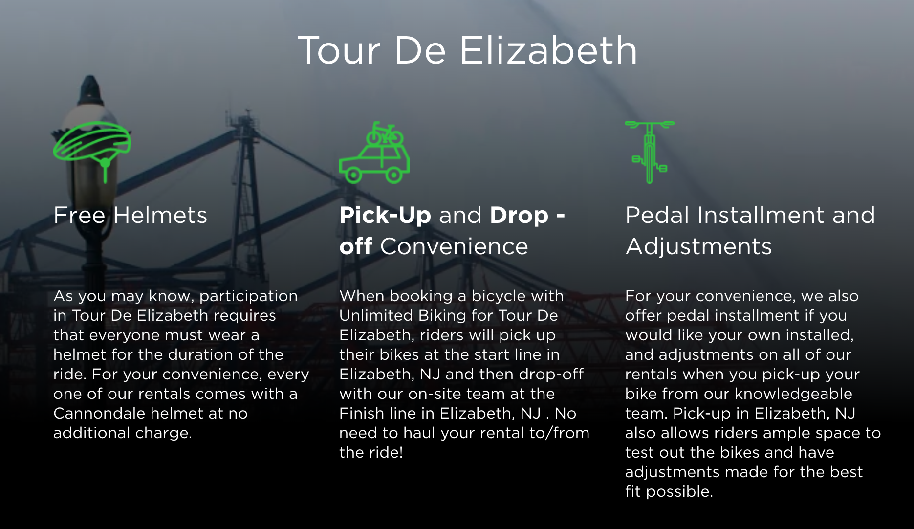 Information for renting a bike with Unlimited Biking for the Tour de Elizabeth.